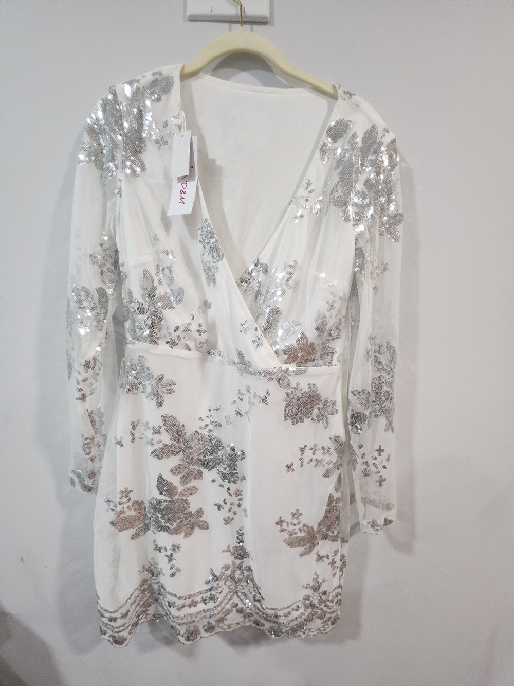 White Sequin Floral Wrap Dress - Picture 1 of 7